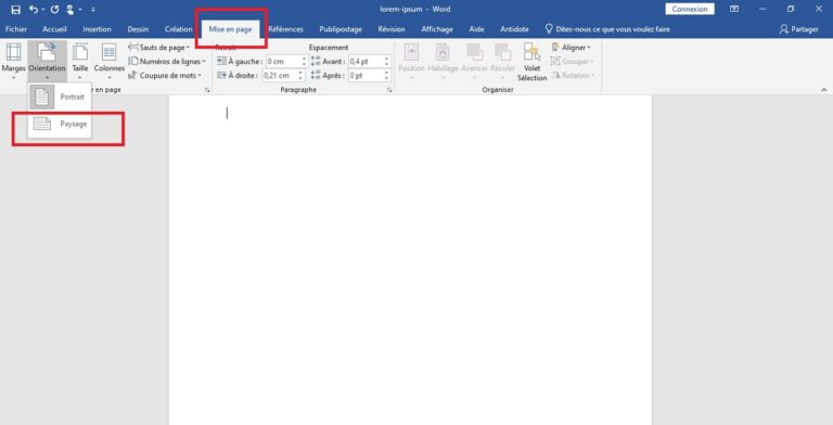 Word : comment changer l'orientation d'une seule page en Paysage