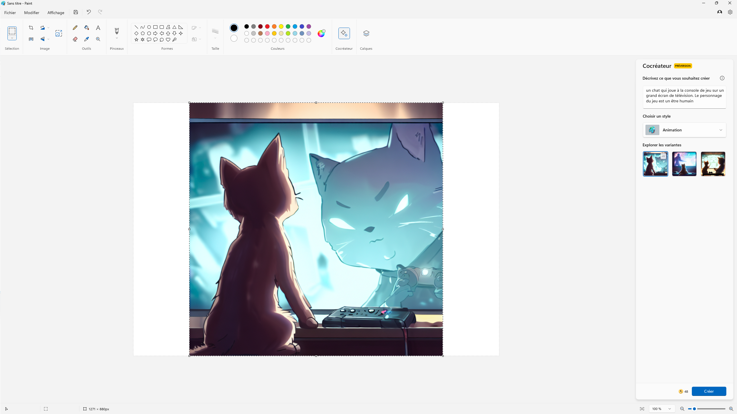 un chat qui regarde un jeu vidéo avec un chat créé par Paint Cocreateur