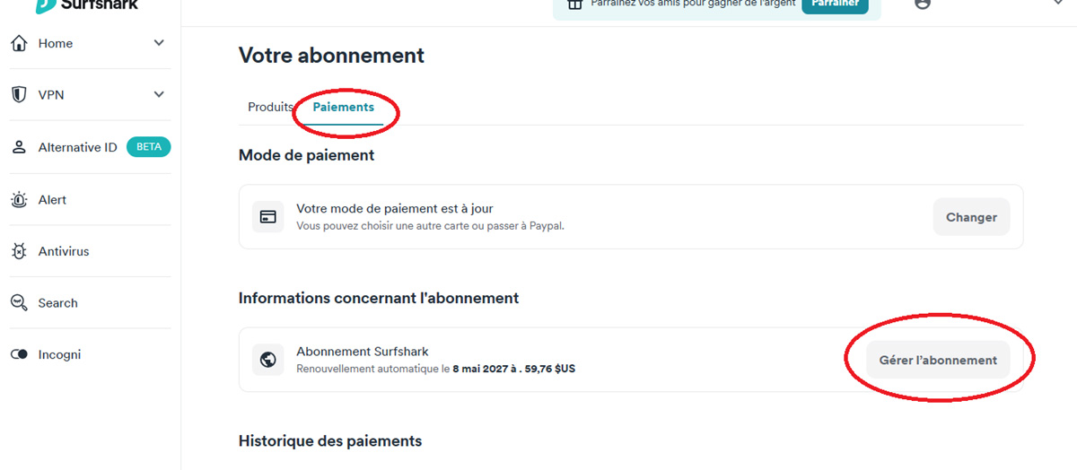 Gérer mon abonnement Surfshark