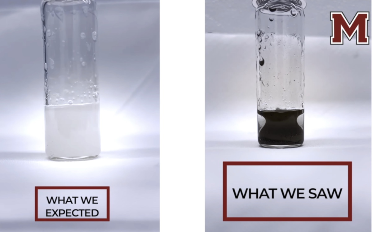 Comparaison de ce qui était attendu et de ce qui est arrivé avec l'expérience d'Anthony Rayk : une émulsion à gauche, une forme d'amphore stable à droite.