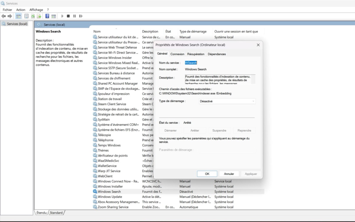 Désactivation de l'indexation Windows