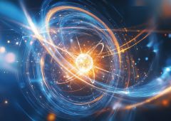 Stunning depiction of atomic structure with glowing particles and swirling energy waves