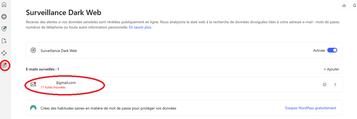 Dark Web Monitor sur NordVPN Desktop