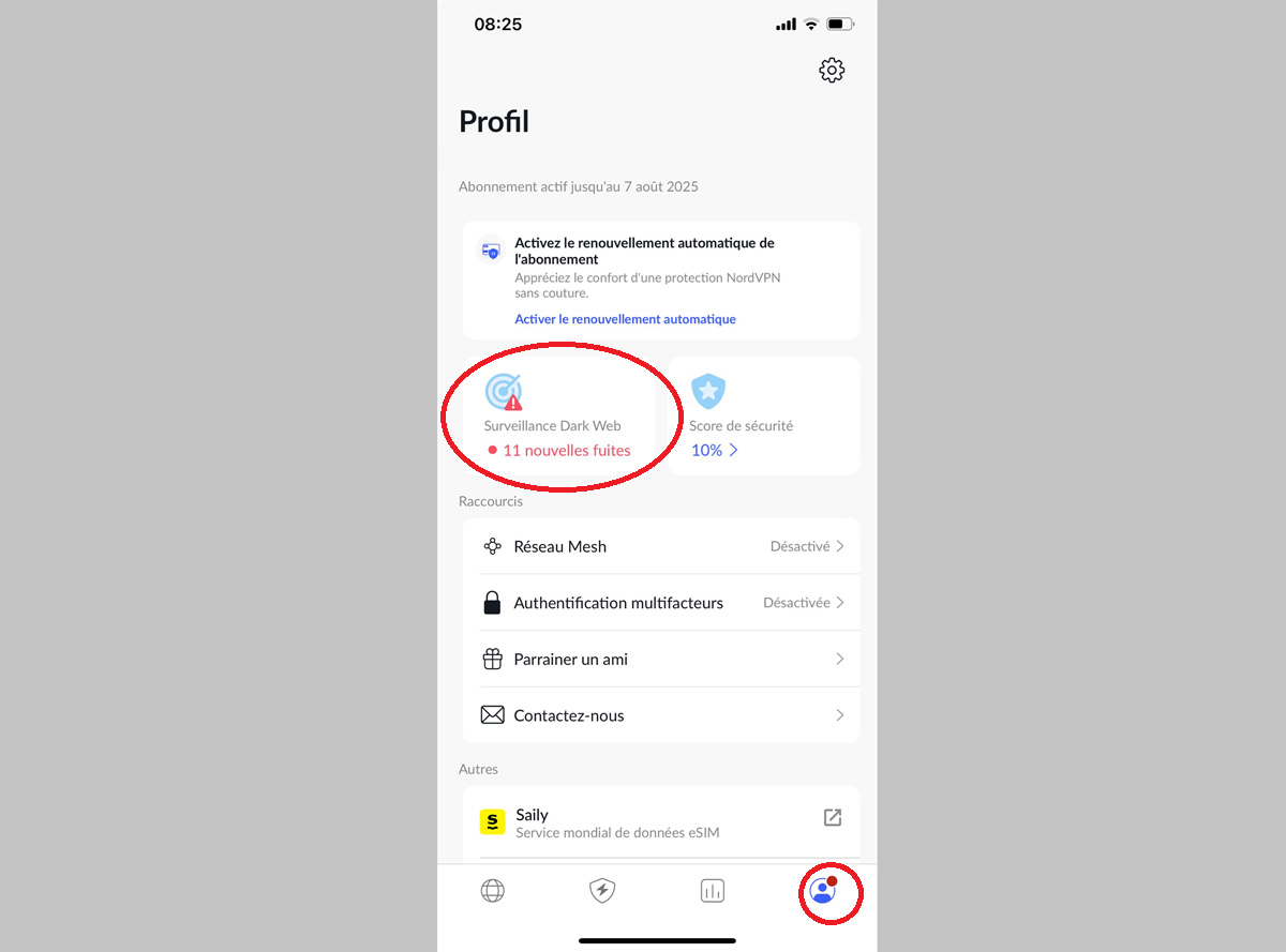 Dark Web Monitor sur NordVPN mobile