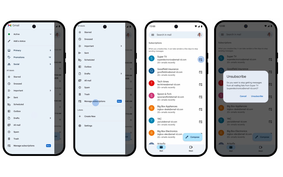 menu abonnements gmail