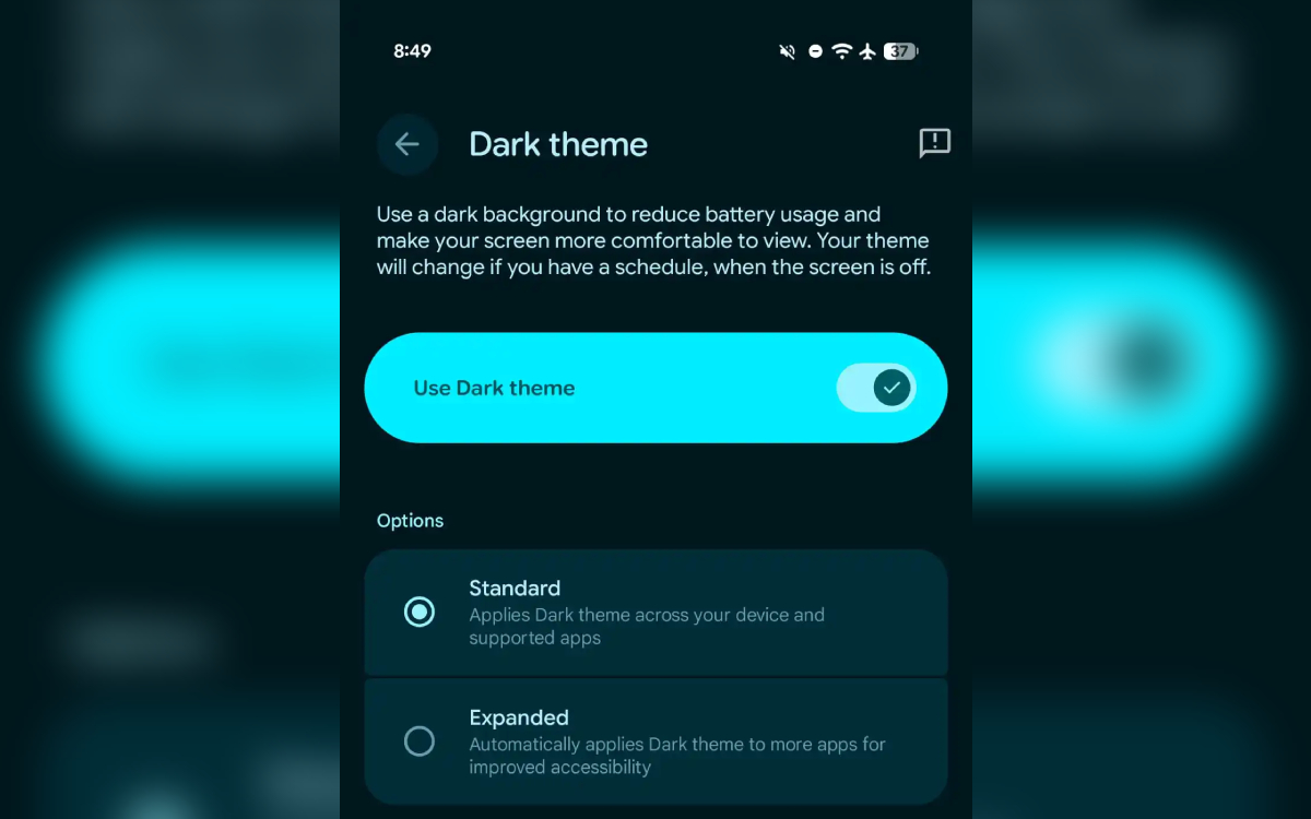 Android 16 QPR2 Beta 1 thème sombre étendu