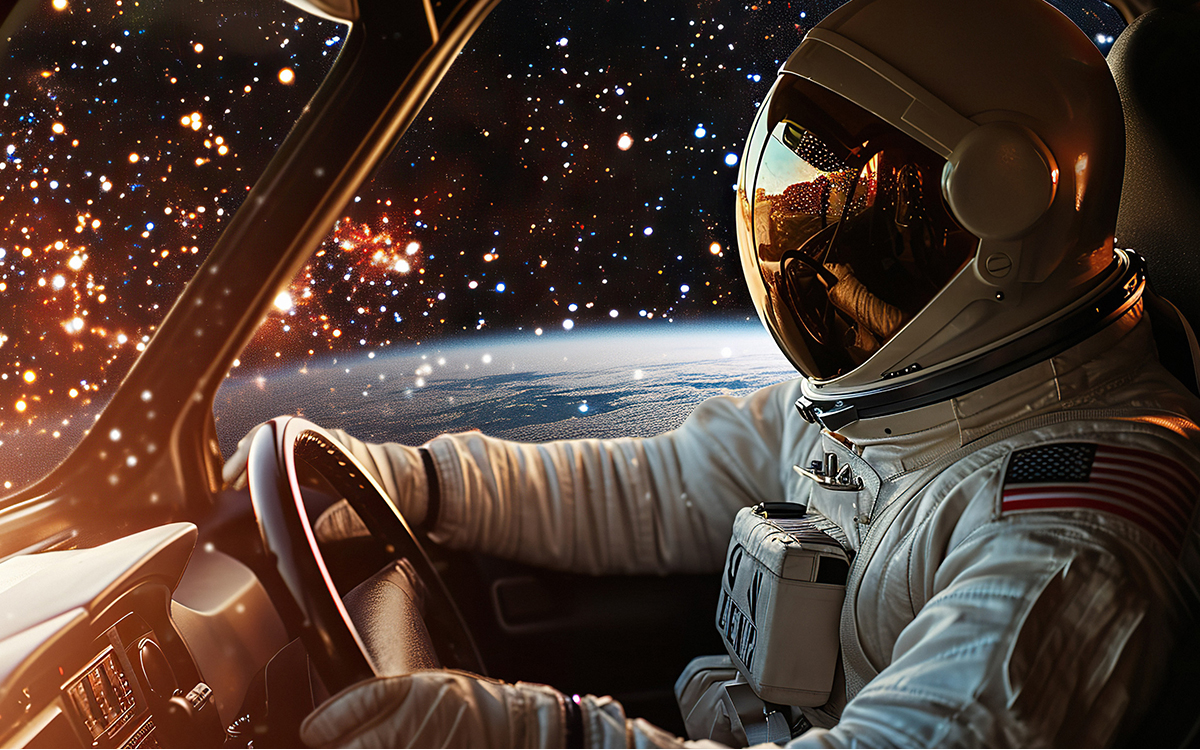 Astronaute dans une voiture dans l'espace
