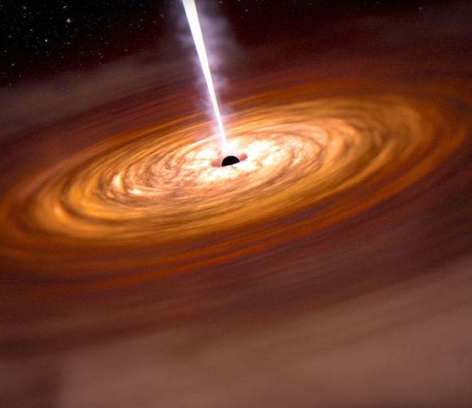 Vue d’artiste du moteur central d’un quasar : disque d’accrétion autour d’un trou noir supermassif et jet de particules éjecté à une vitesse proche de celle de la lumière.