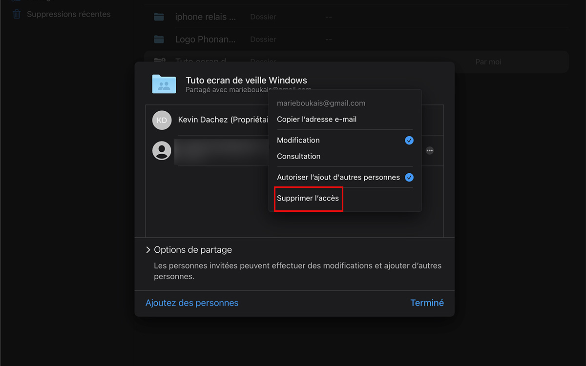 paramètres partage cloud