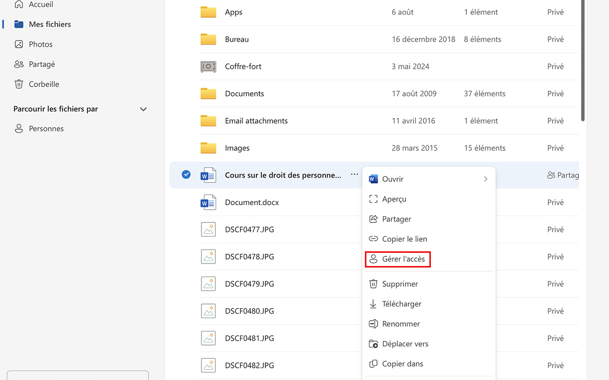 paramètres partage cloud