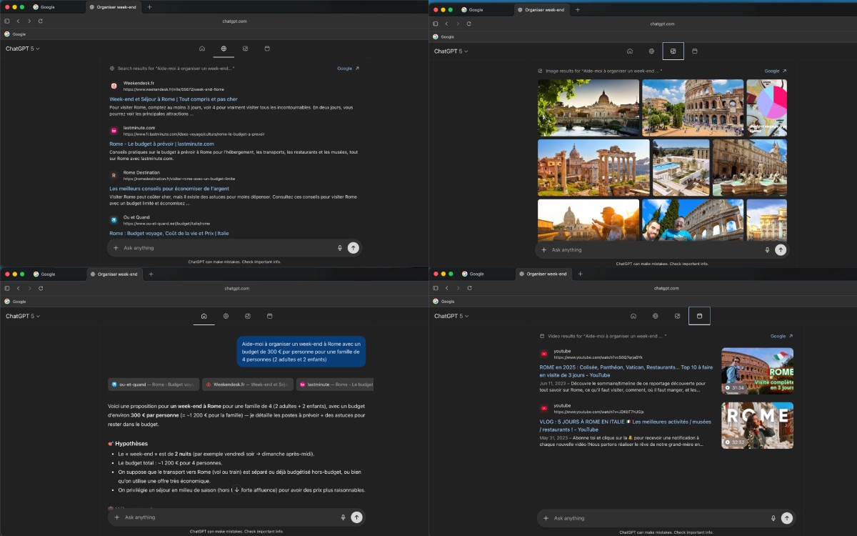 differents menus chatgpt atlas
