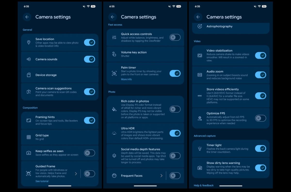 pixel camera paramètres