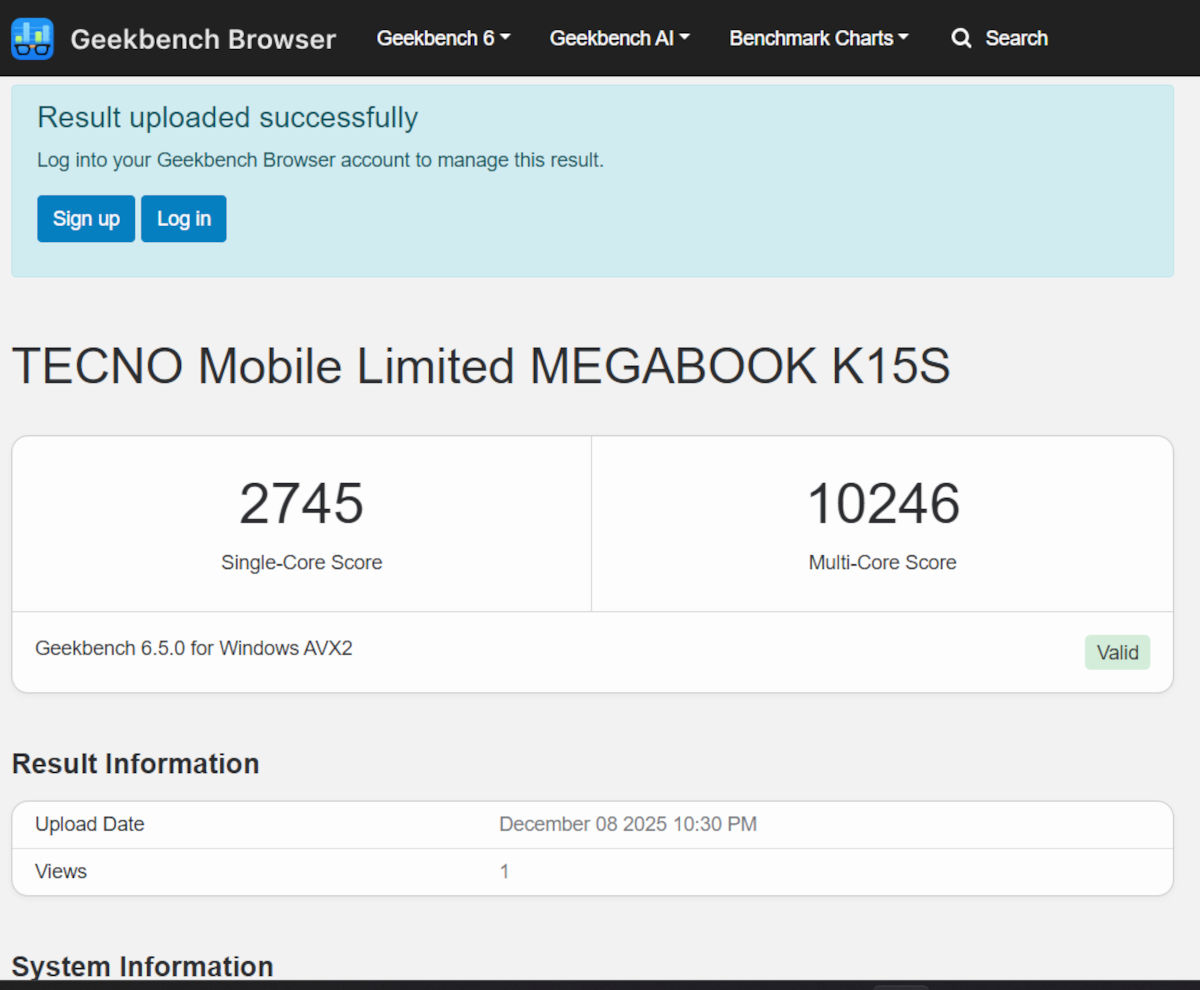 test tecno megabook k15s