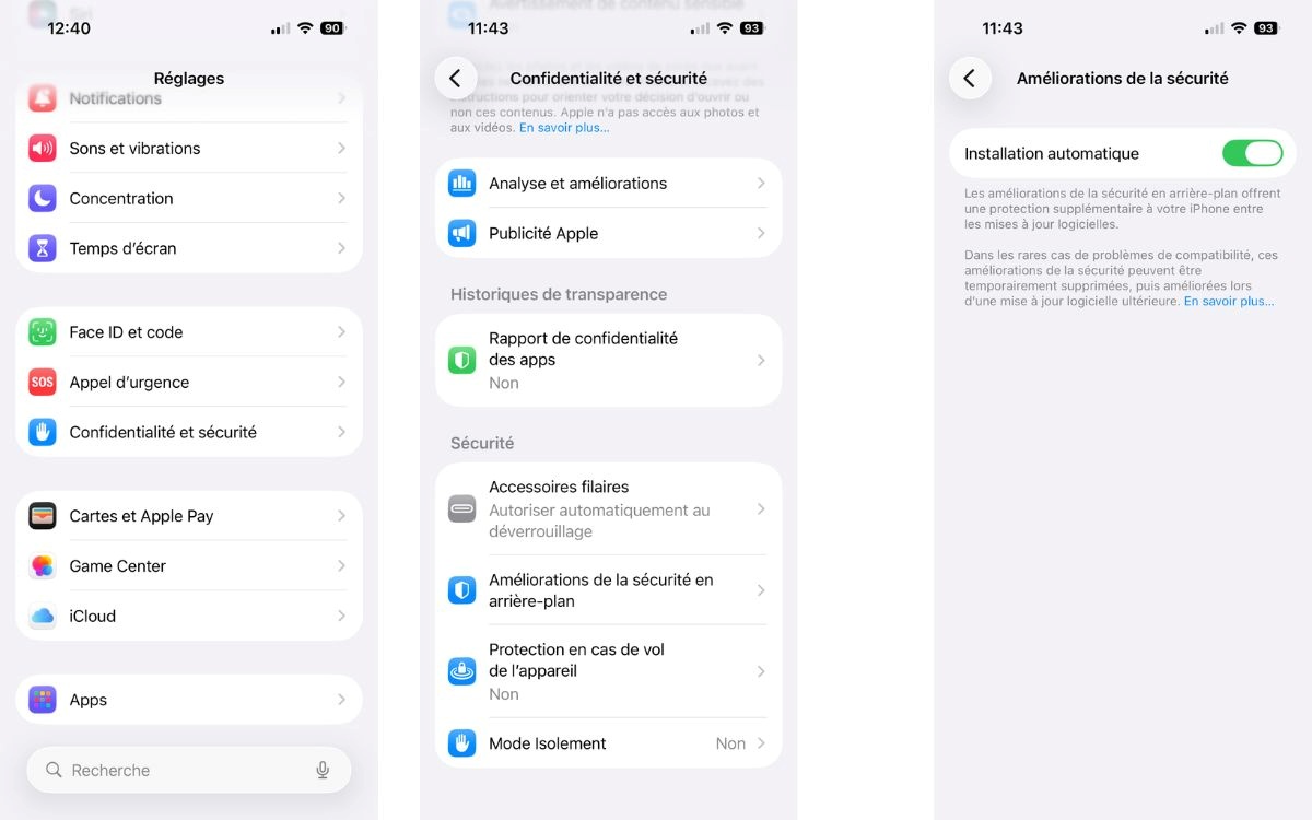 Apple mise à jour sécurité en arrière-plan