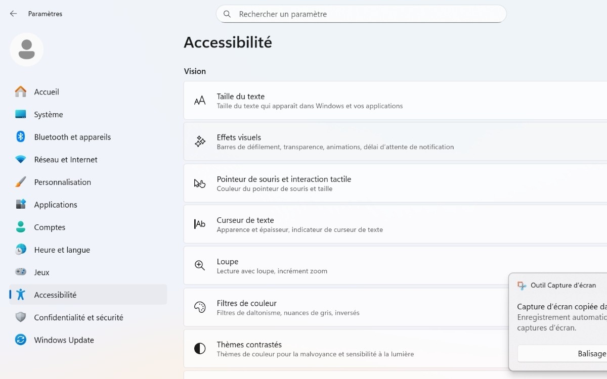 Désactiver effets d'animation Accessibilité