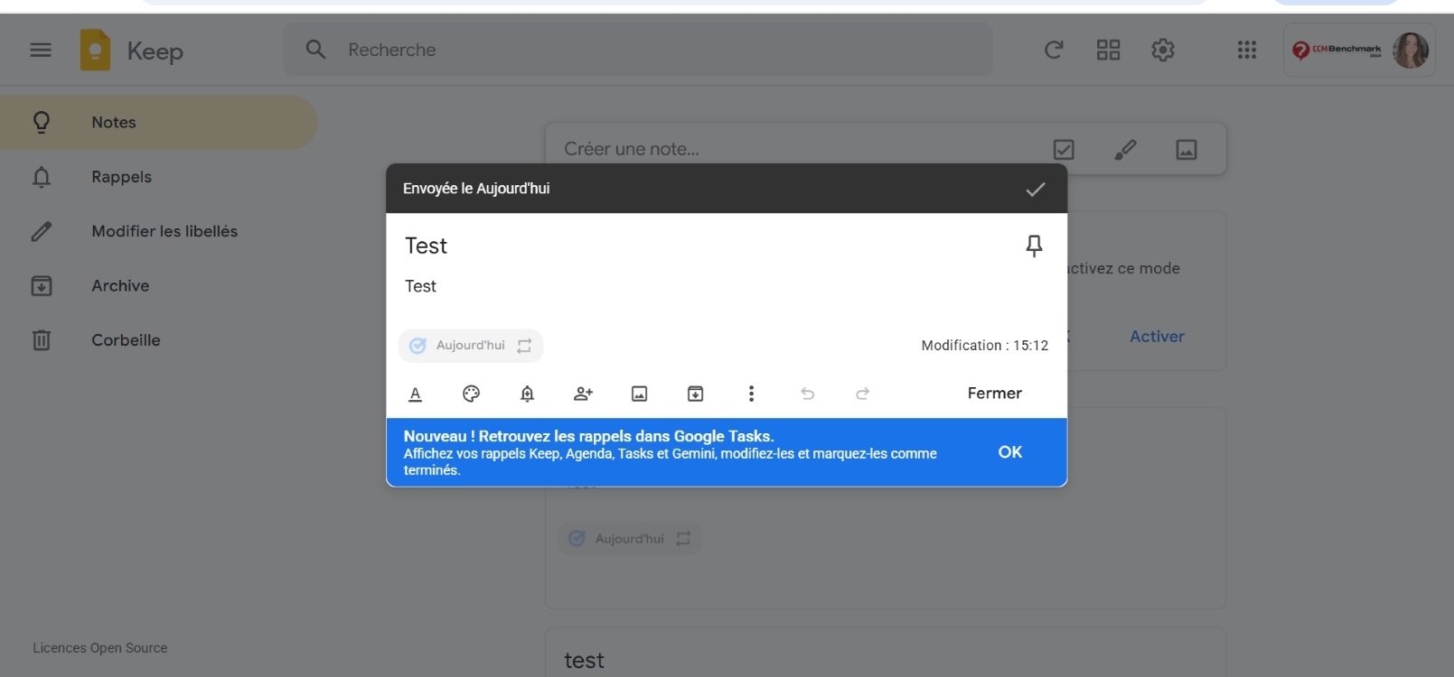Google Keep rappels vers Tasks