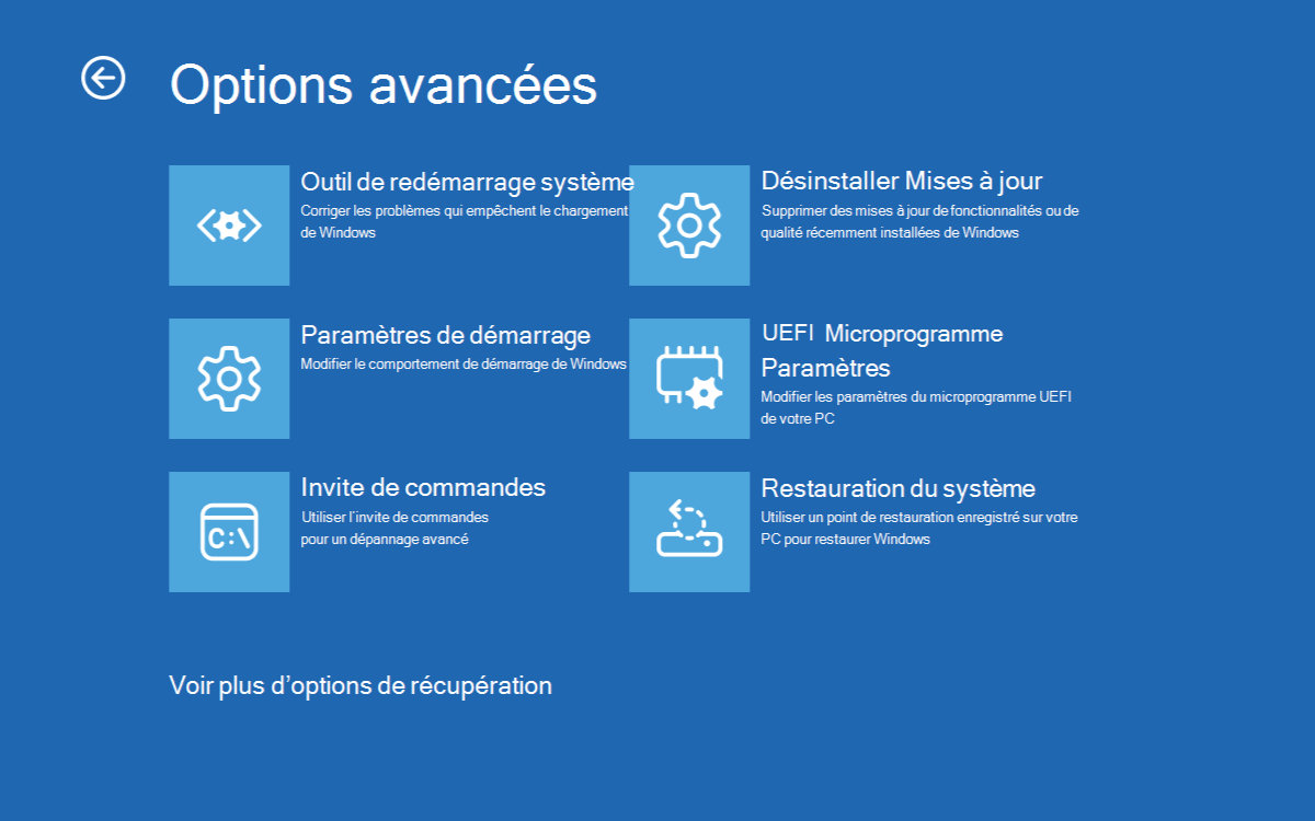 windows recovery environment options avancées