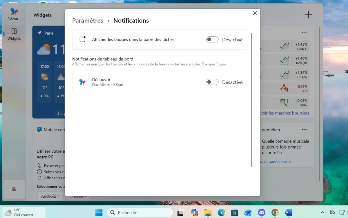 Windows 11 désactiver notifications Widget