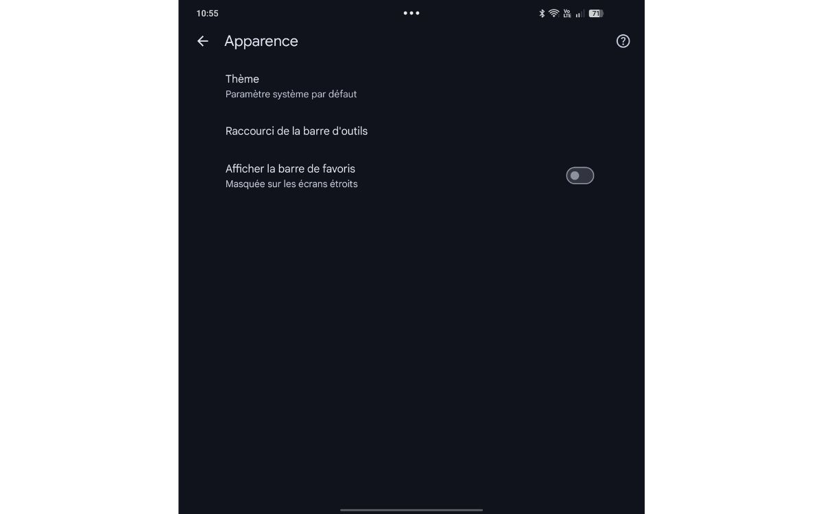 Chrome Android barre des favoris pliant tablette
