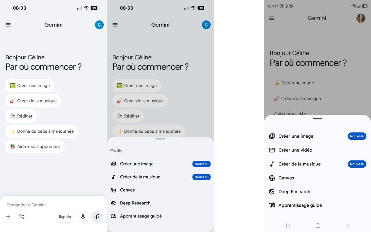 Google Gemini nouveau bouton outils raccourci