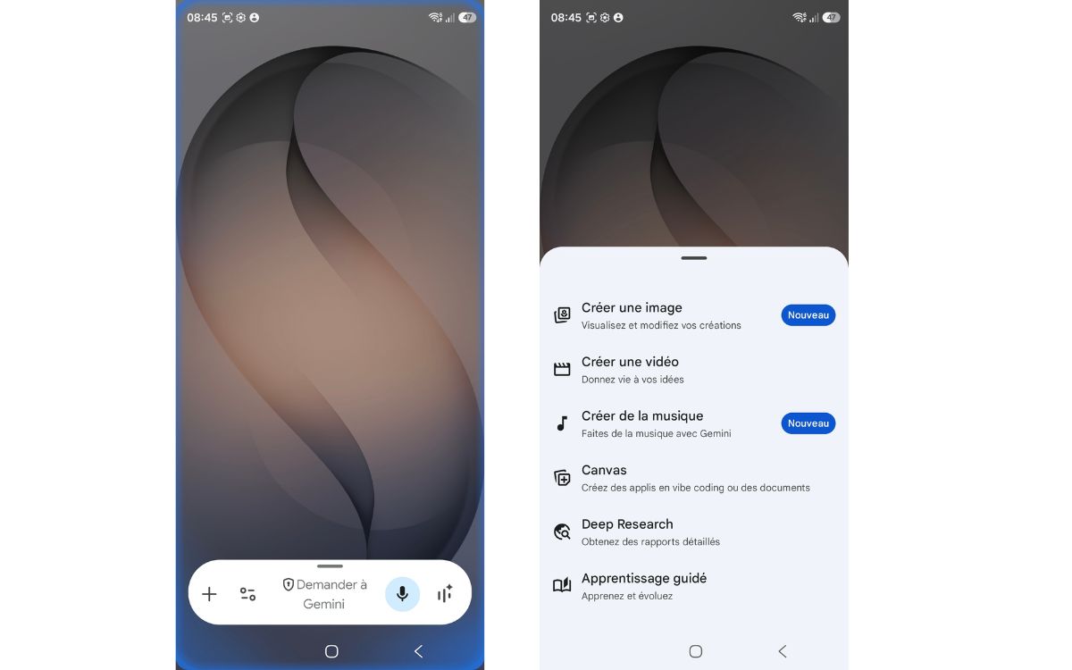 Google Gemini nouveau bouton raccourci outils overlay