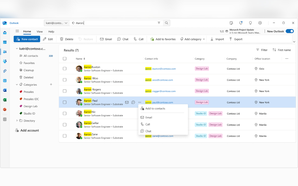 Outlook recherche contact