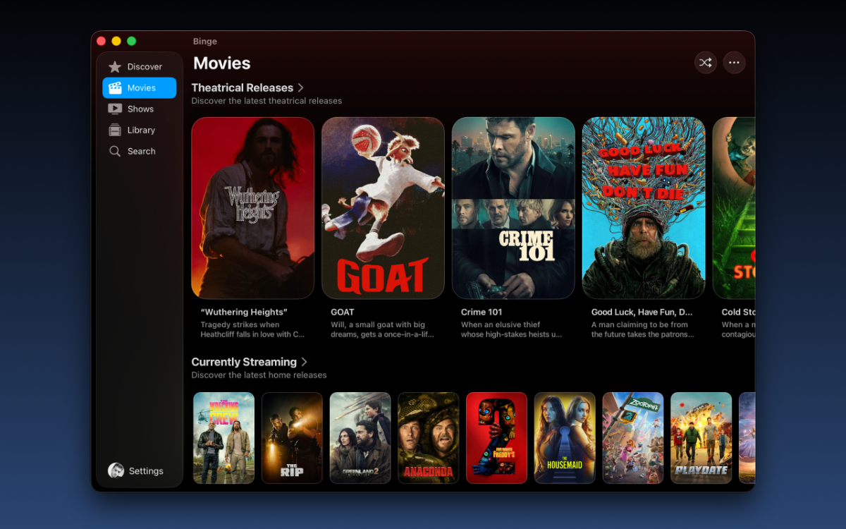 L'application Binge sur Mac