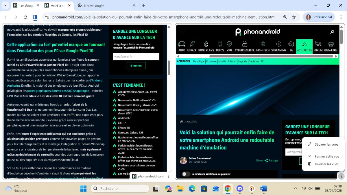 Google Chrome fermer vue fractionnée
