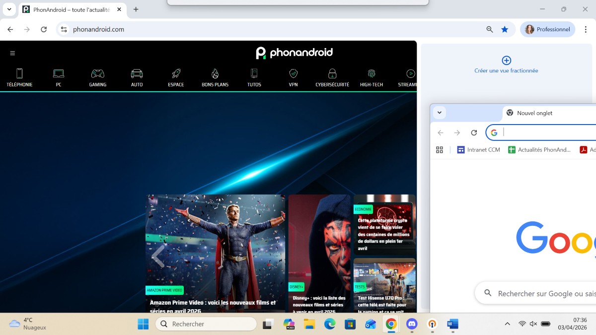 Google Chrome vue fractionnée glisser déposer