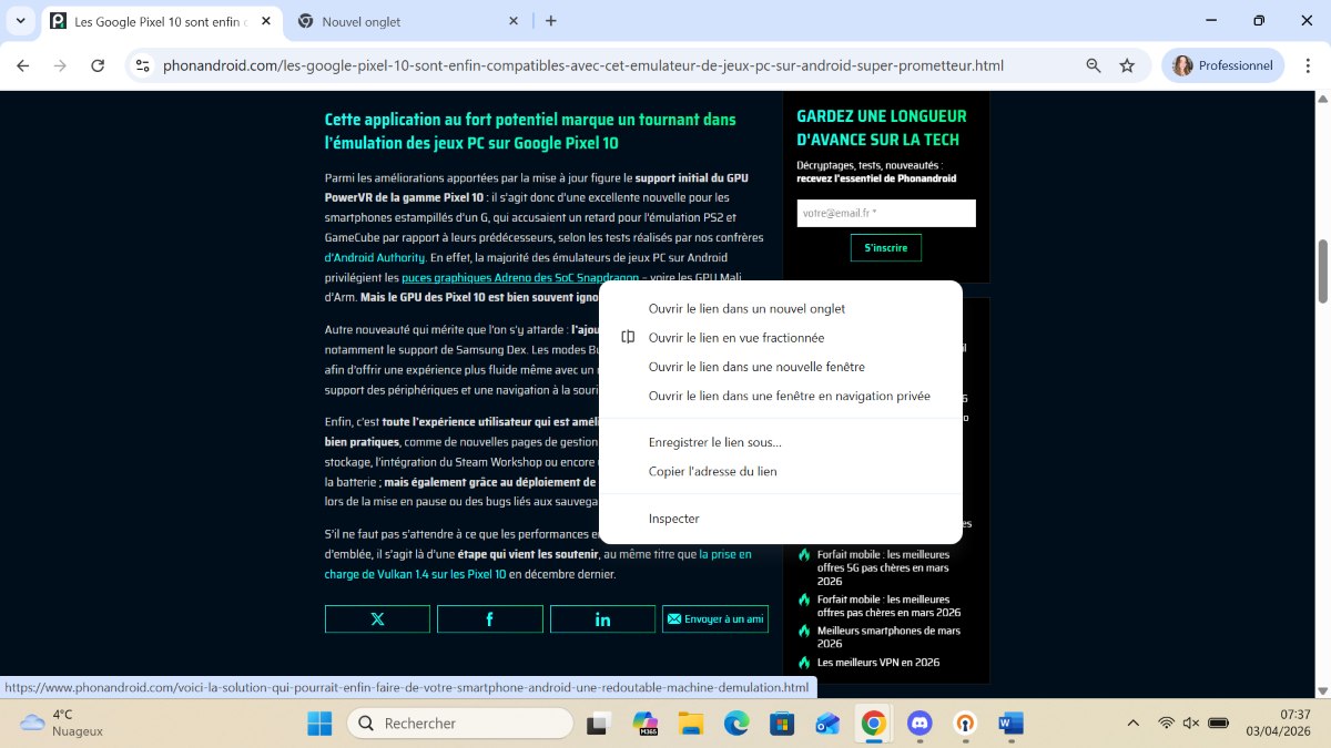Google Chrome vue fractionnée lien hypertexte