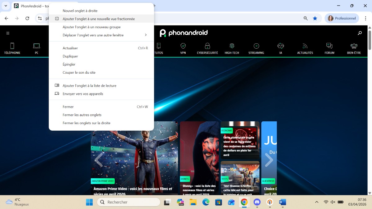 Google Chrome vue fractionnée onglet