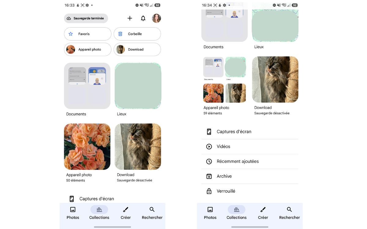 Google Photos interface onglet Collections actuelle
