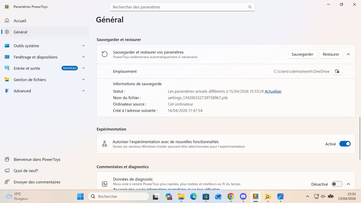 PowerToys Sauvegarder et Restaurer