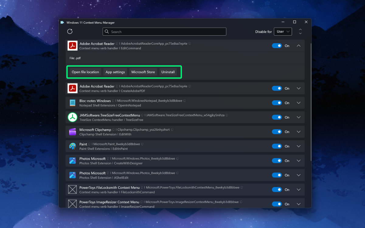 Windows 11 Context Menu Manager barre options