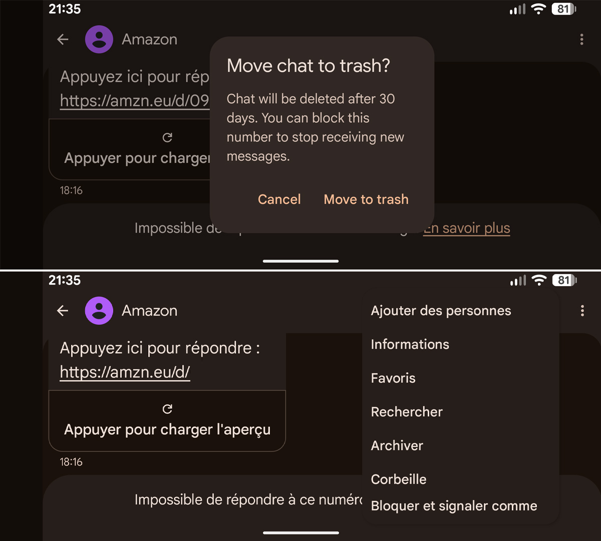 android google messages corbeille
