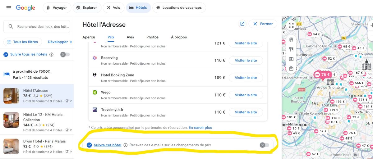 suivre prix hotels google