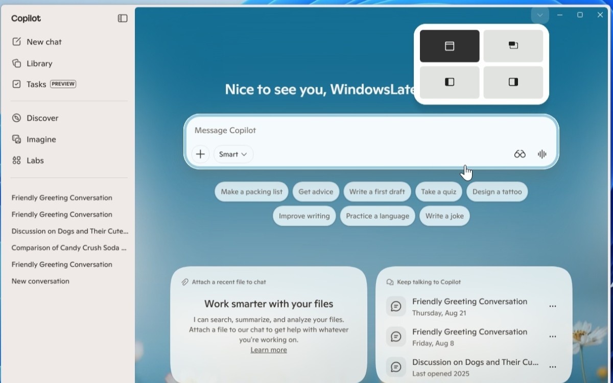 Copilot Windows 11 dispositions ancrage