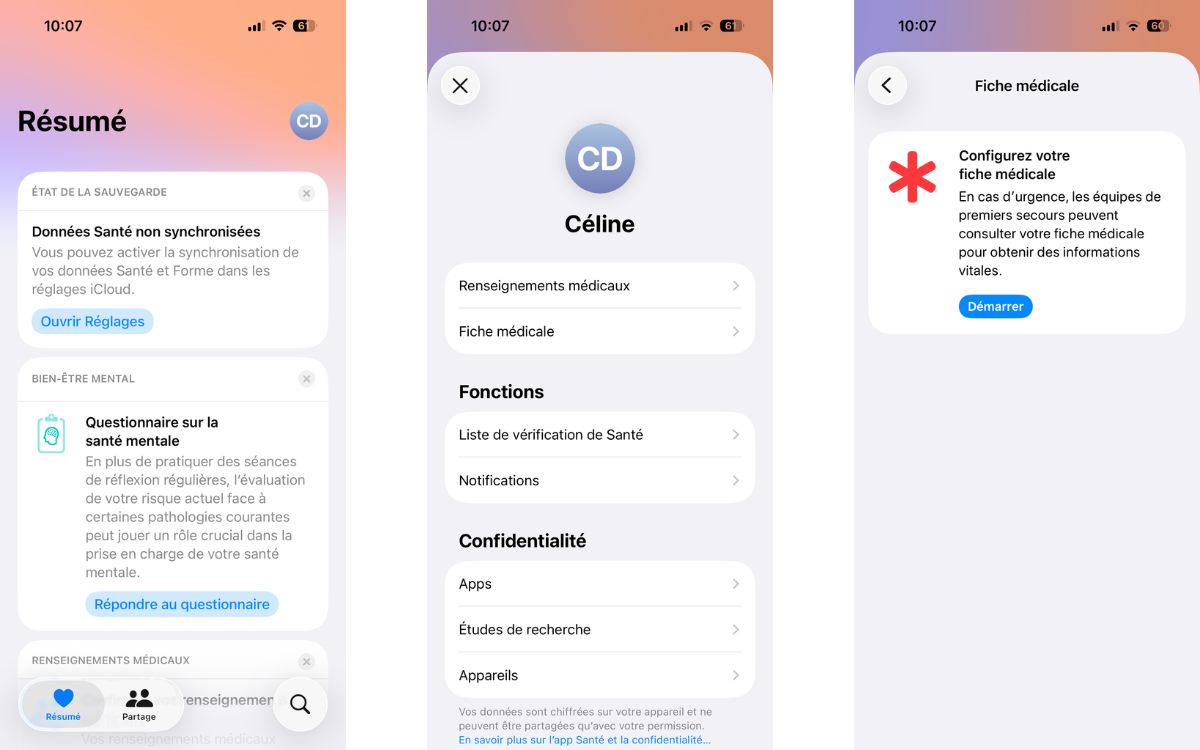 Fiche médicale Santé iPhone