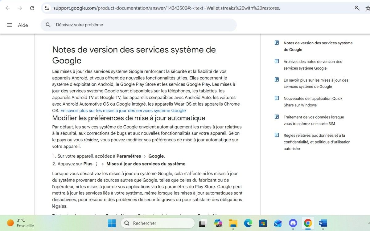 Google mise à jour mai services système