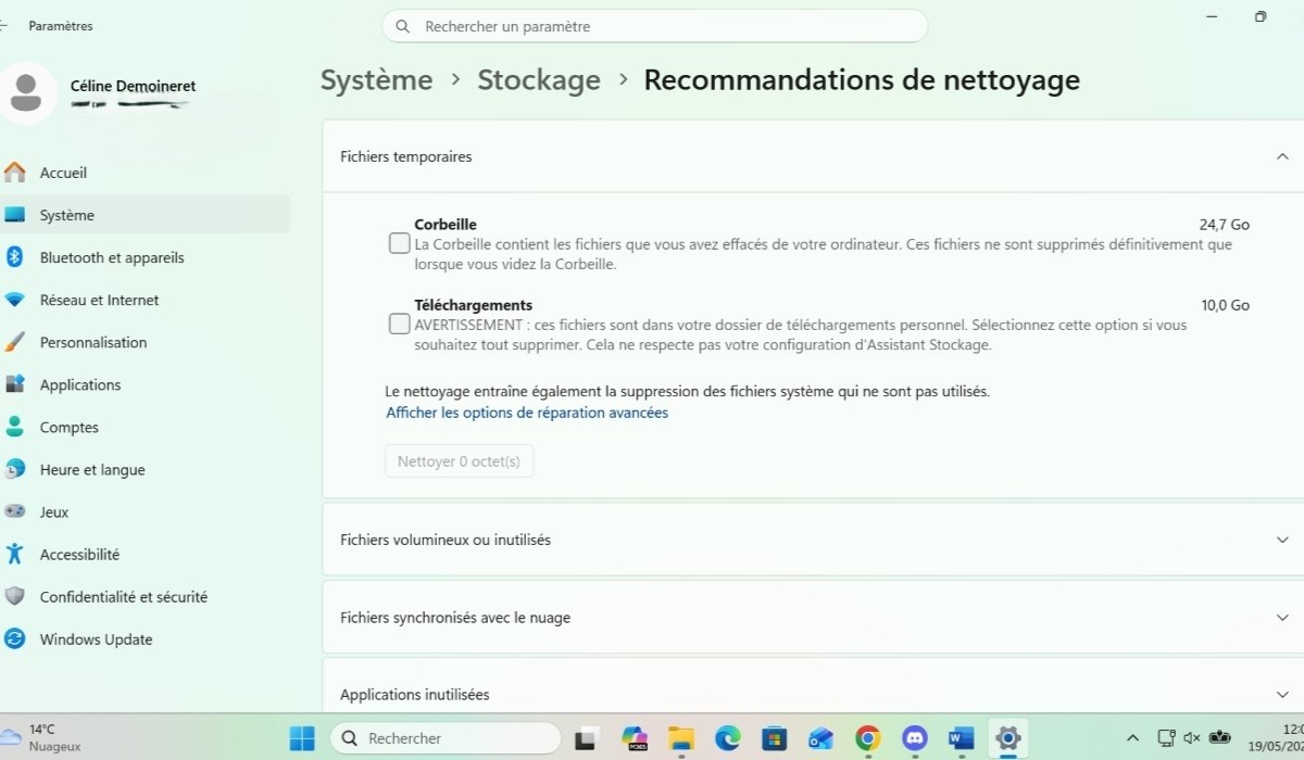 PC Windows Système Stockage Recommandations nettoyage