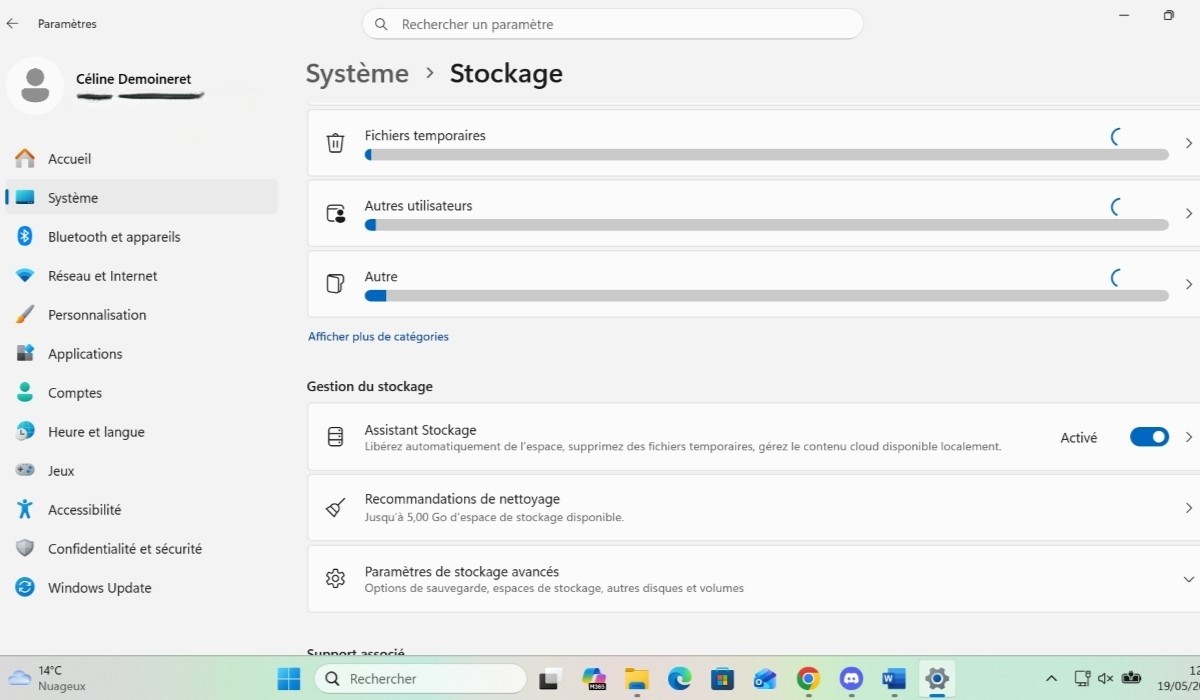 PC Windows Système Stockage interface