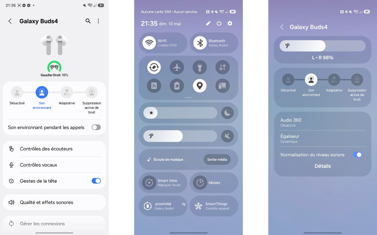 Test Samsung Galaxy Buds 4 interface réglage rapide