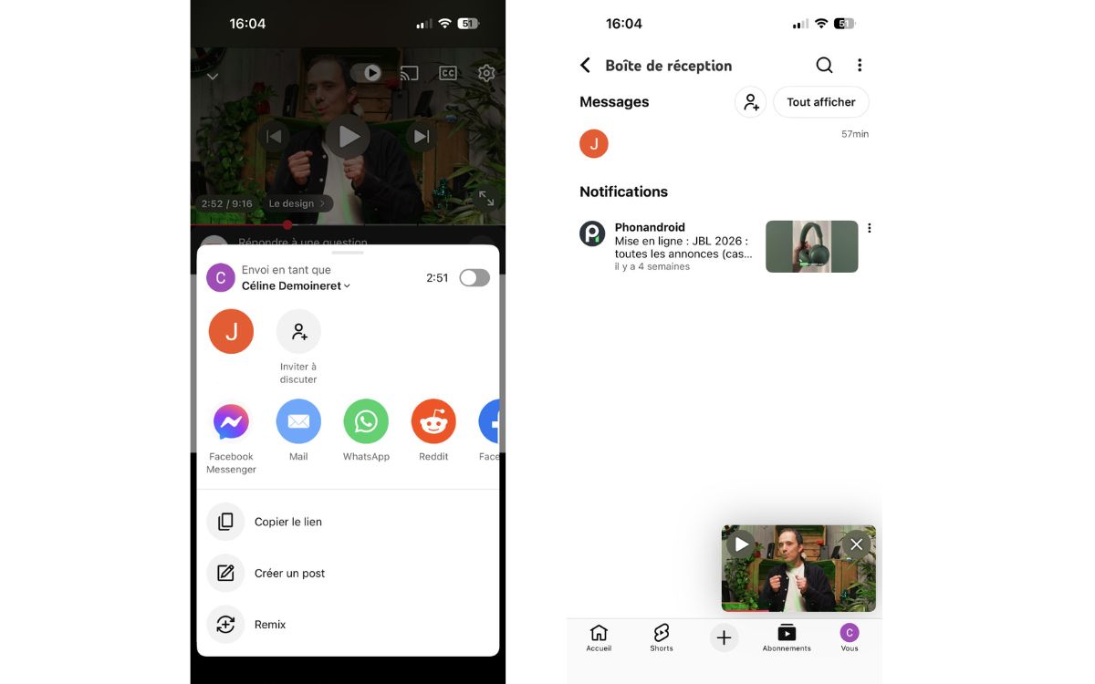YouTube messagerie directe chat partage vidéo Short 3