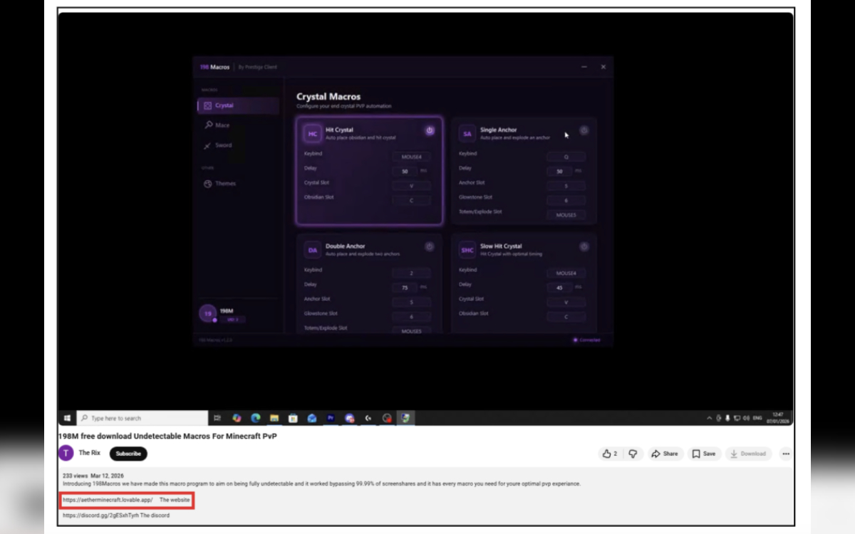 Fausse vidéo YouTube malware Minecraft