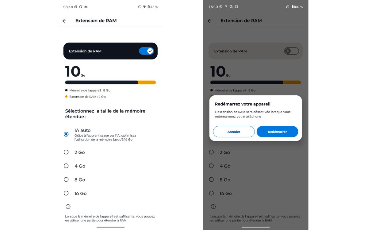 Smartphone Android Extension RAM désactivation