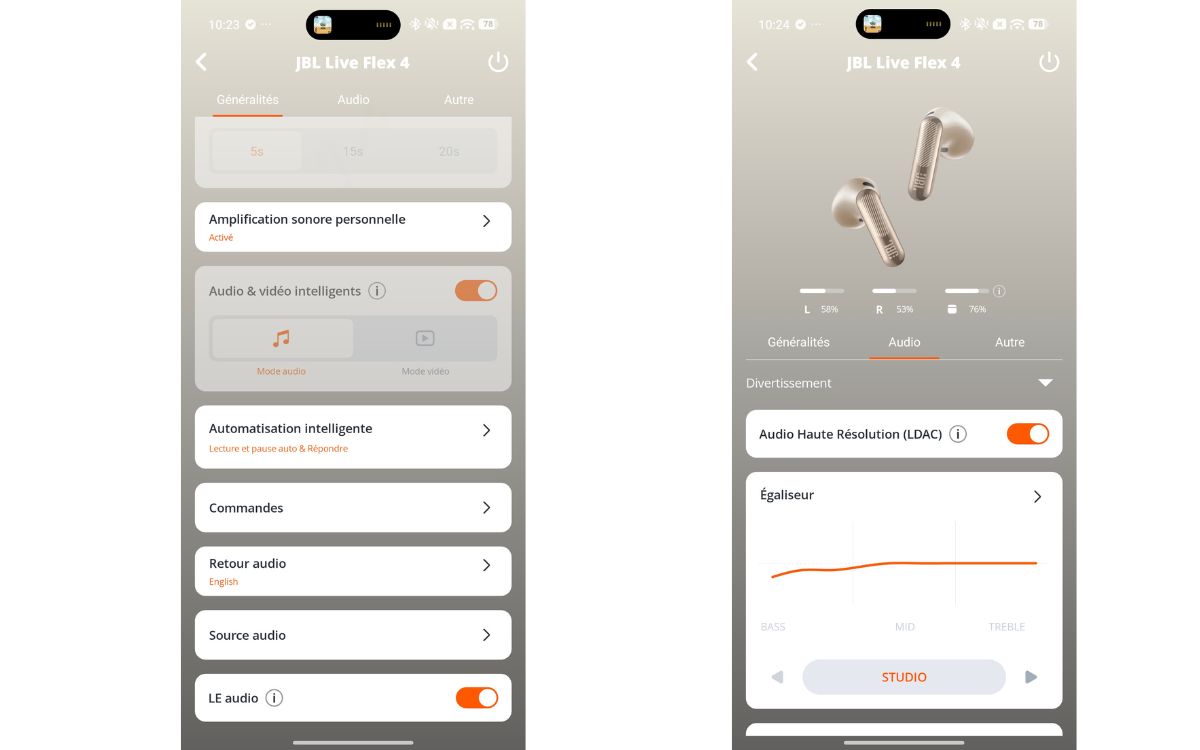Test JBL Live Flex 4 application JBL Headphones LDAC LE Audio