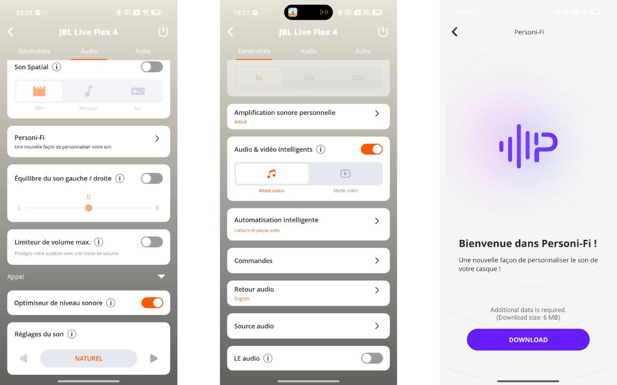 Test JBL Live Flex 4 application JBL Headphones Personi-Fi, Son spatial, Audio & vidéo intelligents