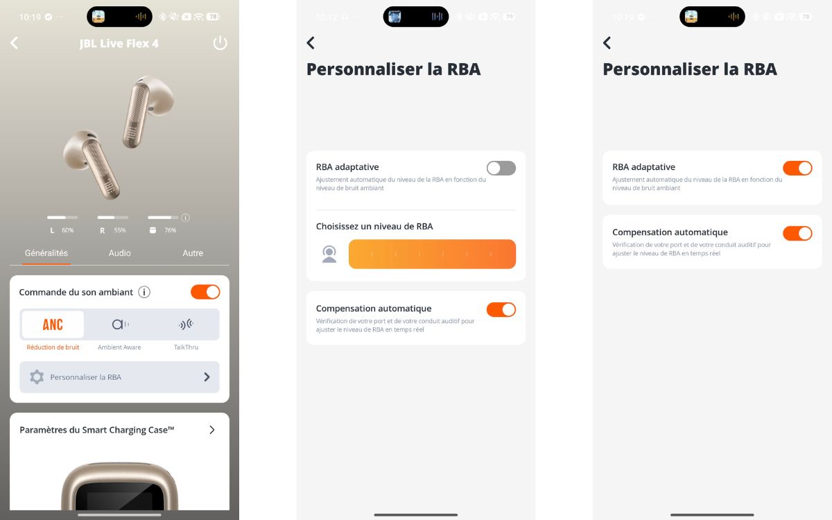 Test JBL Live Flex 4 application JBL Headphones RBA ANC Réduction bruit active