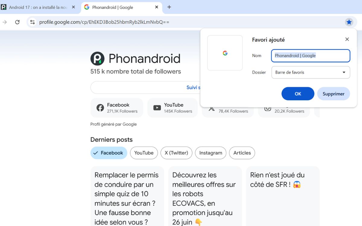 Phonandroid nouveau bouton suivre sur Google favoris