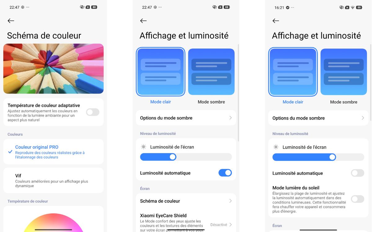 Test Xiaomi 17T interface écran colorimétrie luminosité